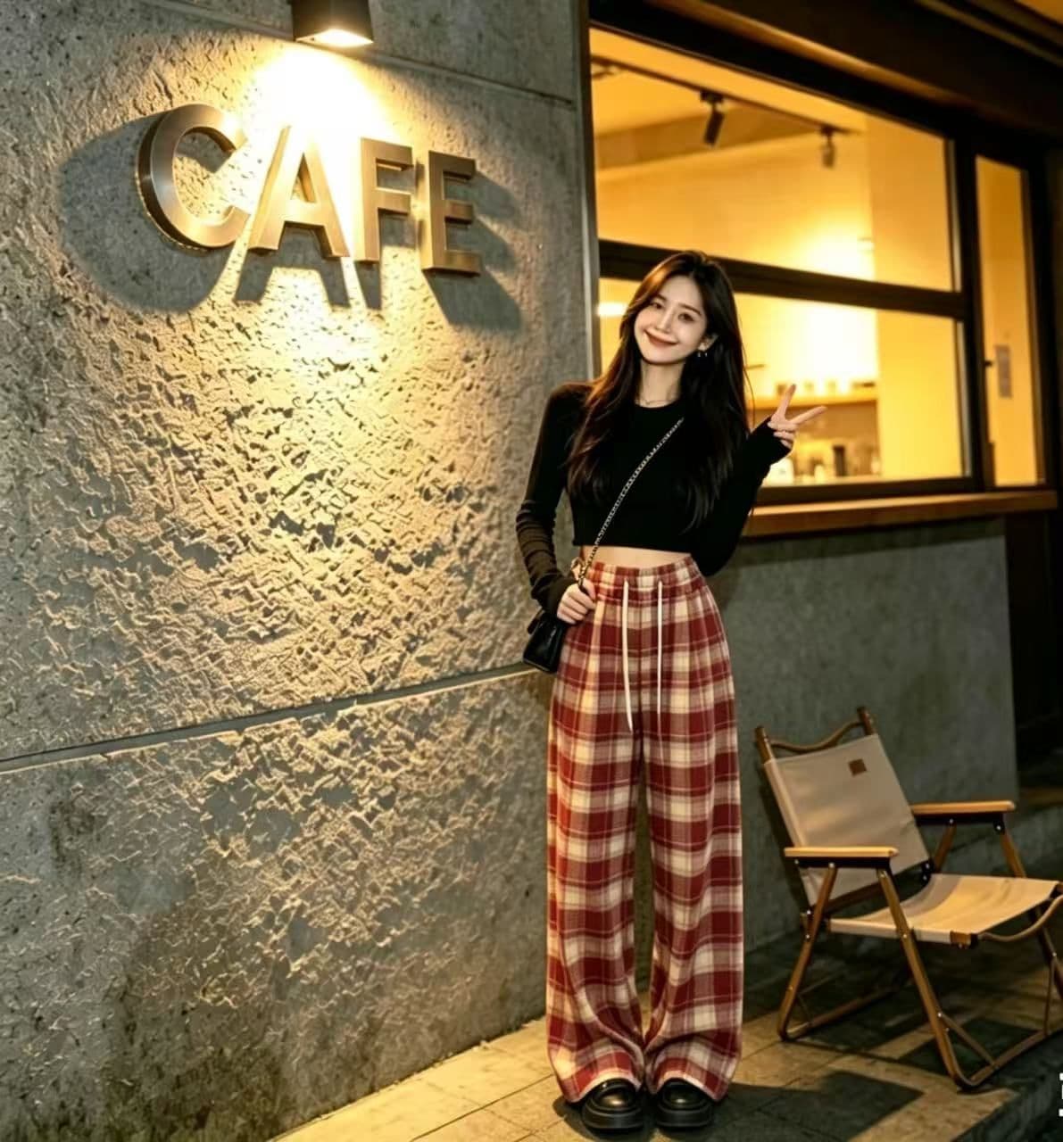 봄 가을 레트로 체크무늬 배색 털 니켈 펌프 로프 캐주얼 바지 여성 한국 스타일 루즈핏 넓은 다리 작은 키 슬림해 보이는 바닥 청소 바지 상세 이미지 11