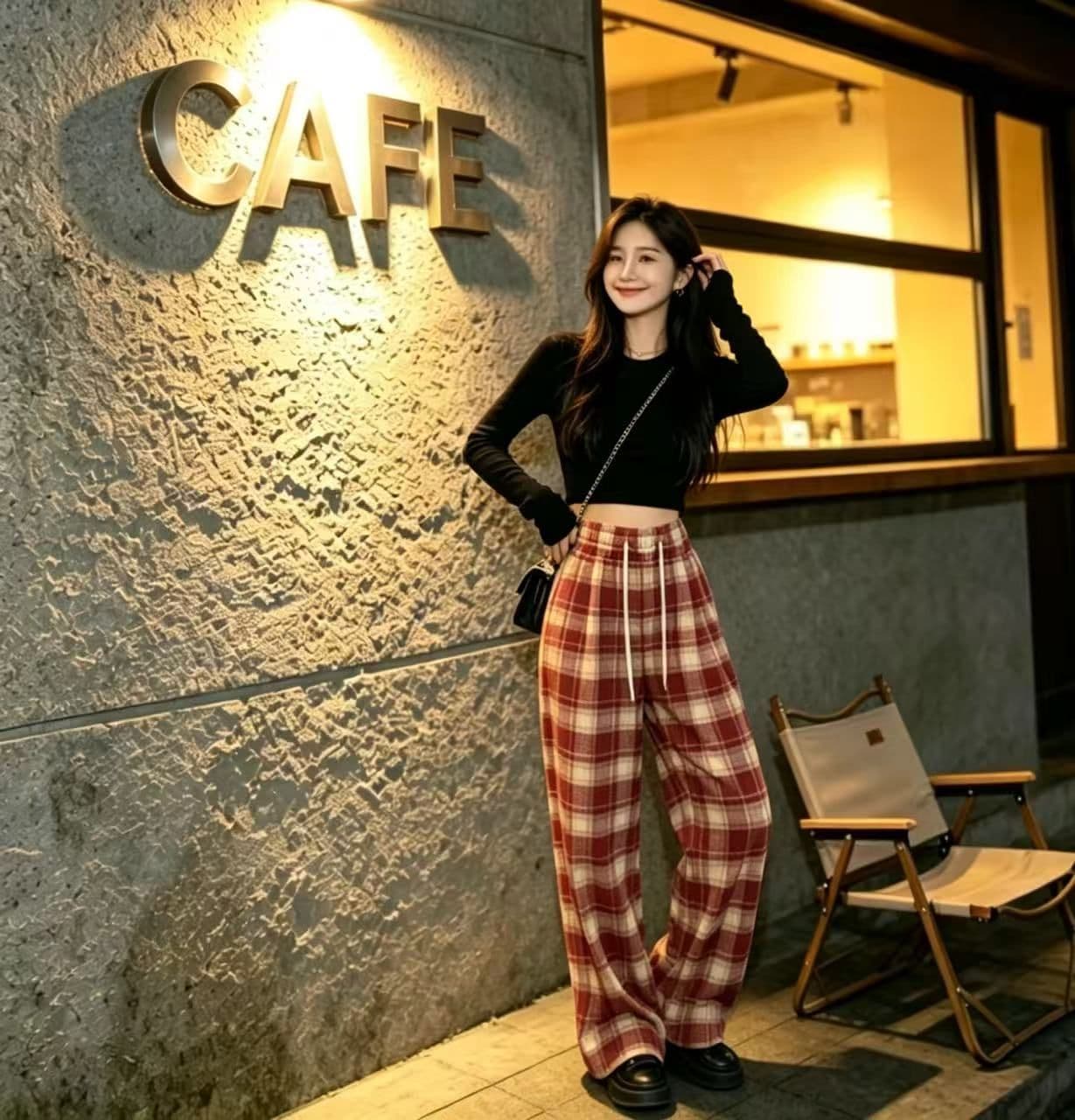 봄 가을 레트로 체크무늬 배색 털 니켈 펌프 로프 캐주얼 바지 여성 한국 스타일 루즈핏 넓은 다리 작은 키 슬림해 보이는 바닥 청소 바지 상세 이미지 12