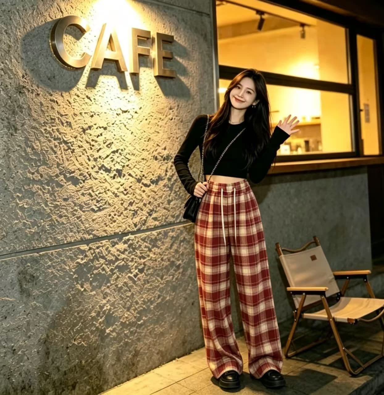 봄 가을 레트로 체크무늬 배색 털 니켈 펌프 로프 캐주얼 바지 여성 한국 스타일 루즈핏 넓은 다리 작은 키 슬림해 보이는 바닥 청소 바지 상세 이미지 13