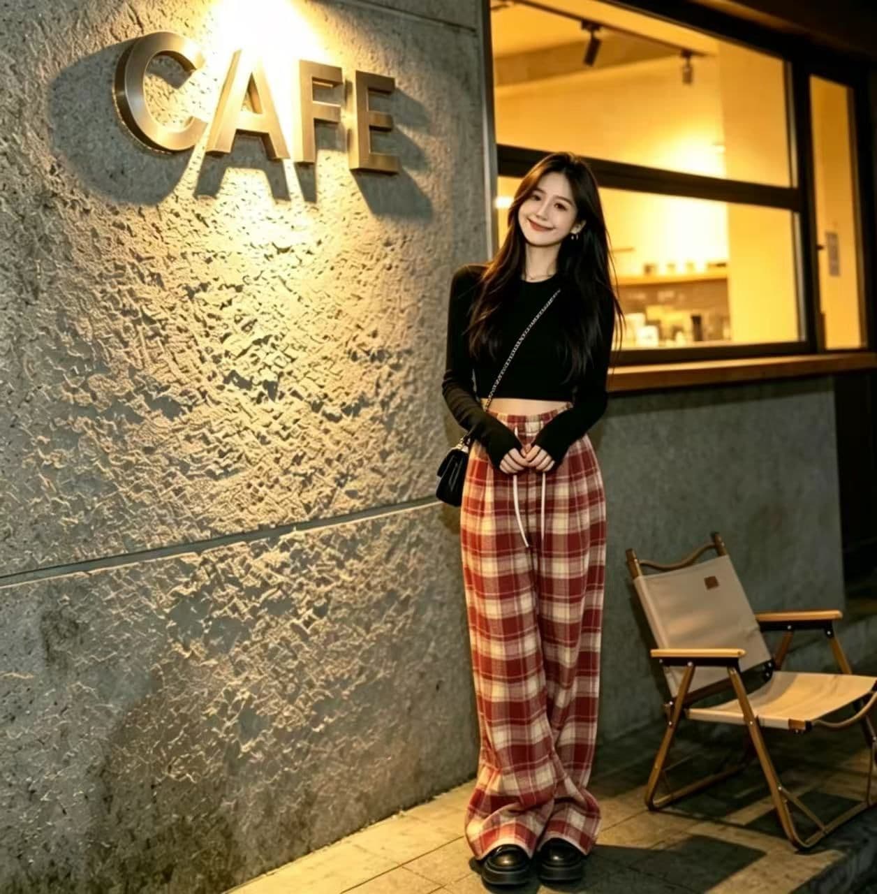 봄 가을 레트로 체크무늬 배색 털 니켈 펌프 로프 캐주얼 바지 여성 한국 스타일 루즈핏 넓은 다리 작은 키 슬림해 보이는 바닥 청소 바지 상세 이미지 14