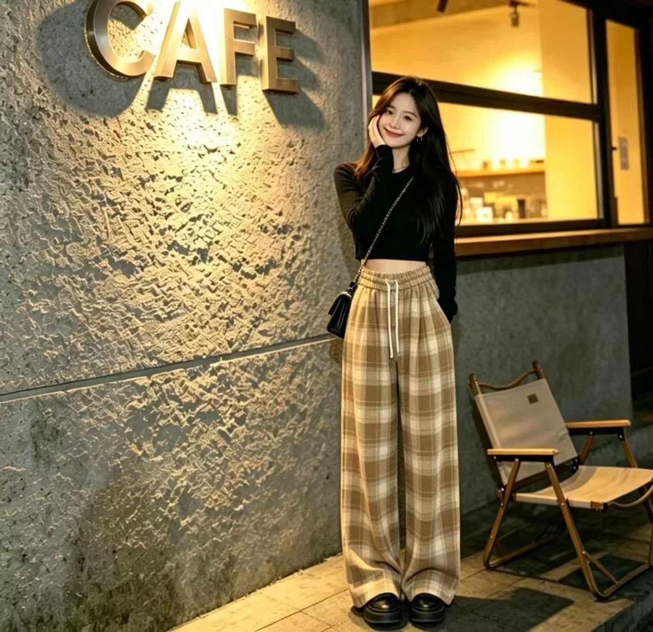 봄 가을 레트로 체크무늬 배색 털 니켈 펌프 로프 캐주얼 바지 여성 한국 스타일 루즈핏 넓은 다리 작은 키 슬림해 보이는 바닥 청소 바지 상세 이미지 16