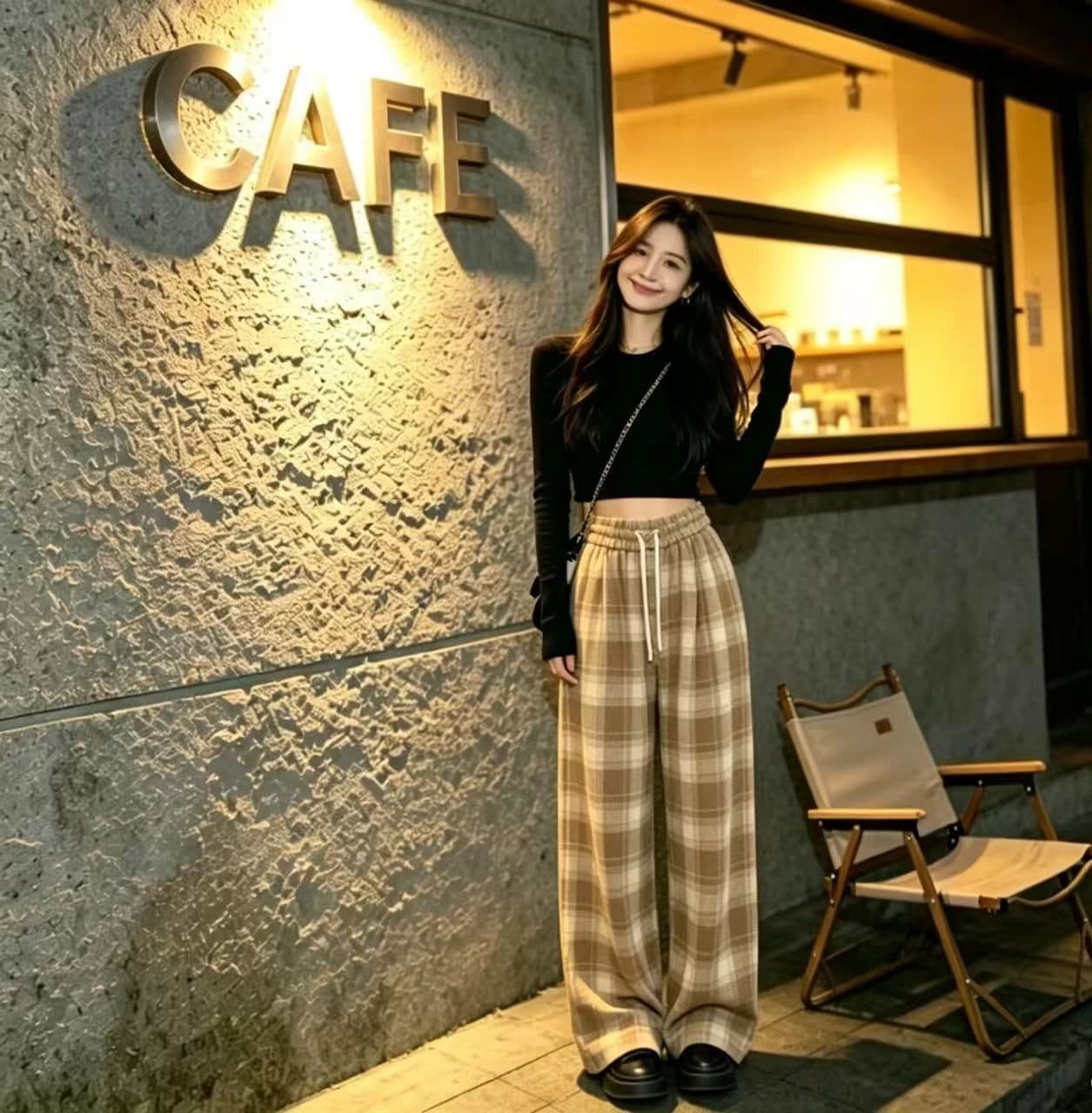 봄 가을 레트로 체크무늬 배색 털 니켈 펌프 로프 캐주얼 바지 여성 한국 스타일 루즈핏 넓은 다리 작은 키 슬림해 보이는 바닥 청소 바지 상세 이미지 17