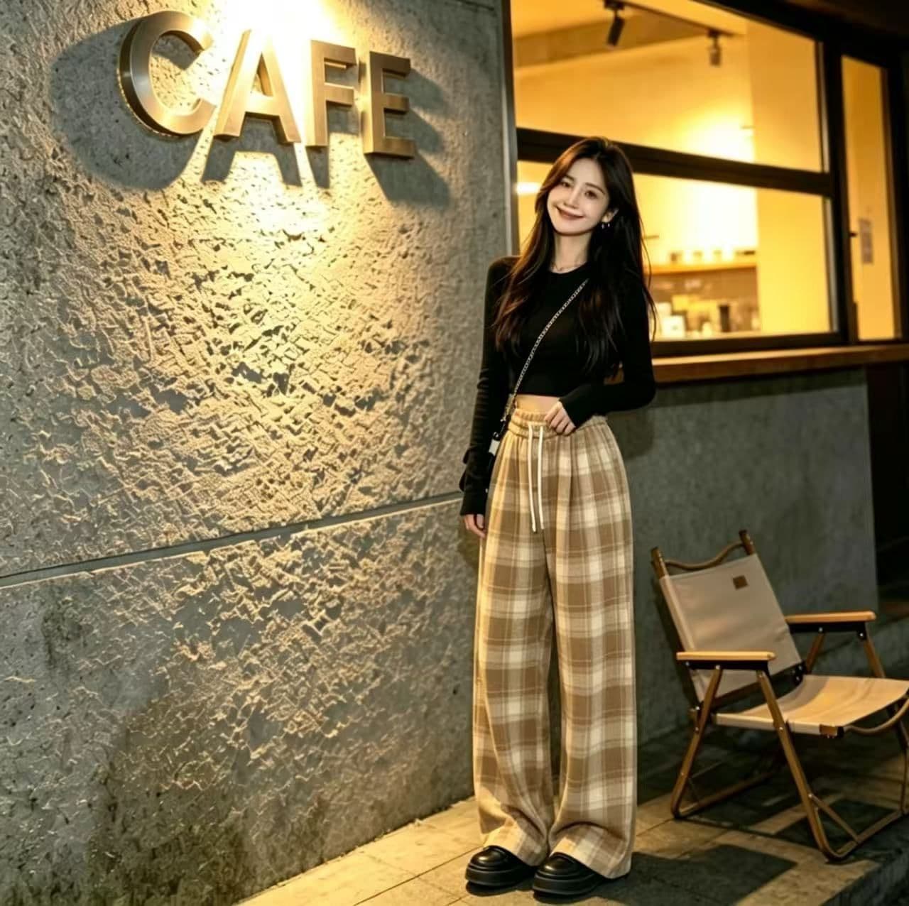봄 가을 레트로 체크무늬 배색 털 니켈 펌프 로프 캐주얼 바지 여성 한국 스타일 루즈핏 넓은 다리 작은 키 슬림해 보이는 바닥 청소 바지 상세 이미지 18