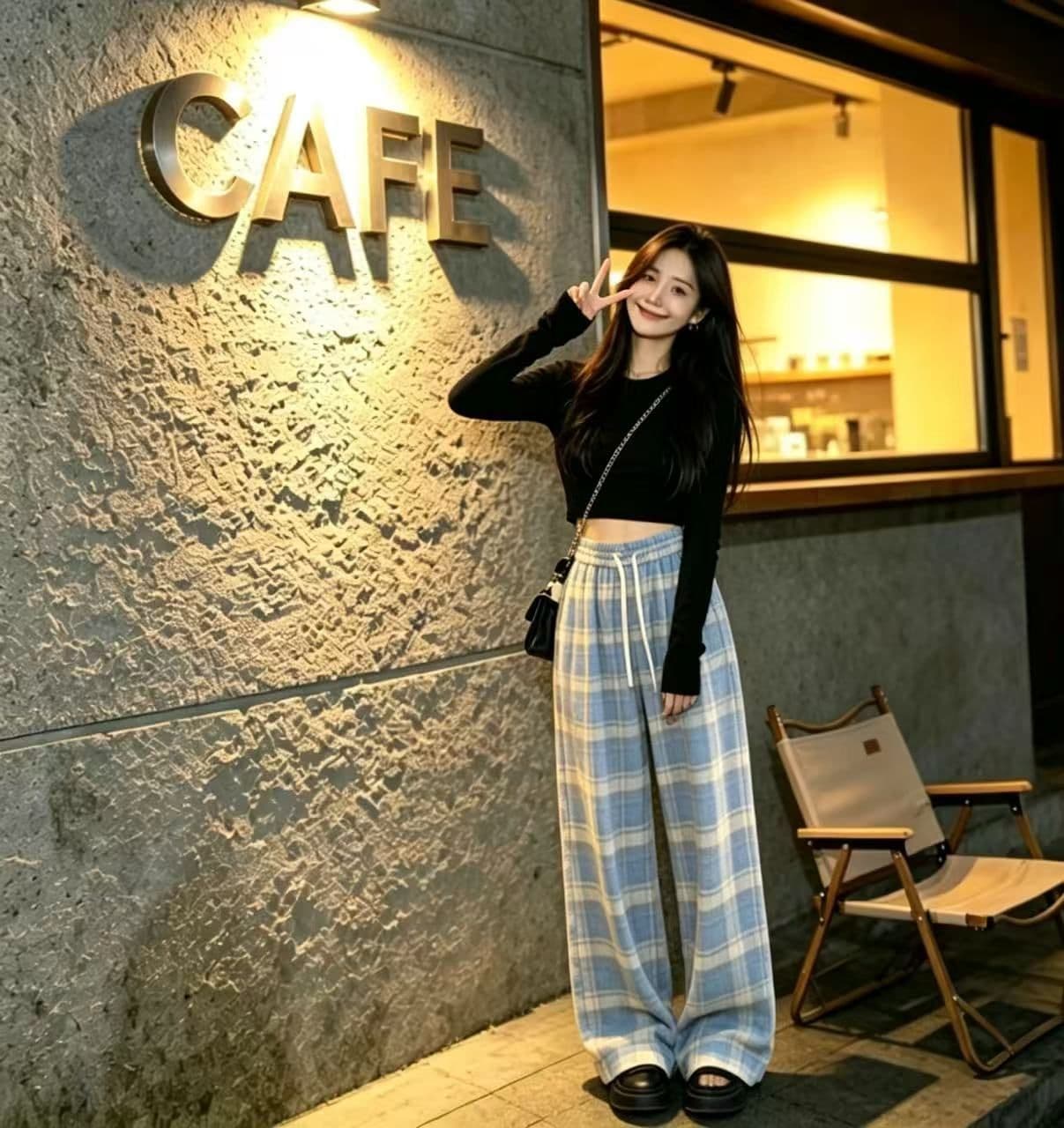 봄 가을 레트로 체크무늬 배색 털 니켈 펌프 로프 캐주얼 바지 여성 한국 스타일 루즈핏 넓은 다리 작은 키 슬림해 보이는 바닥 청소 바지 상세 이미지 19