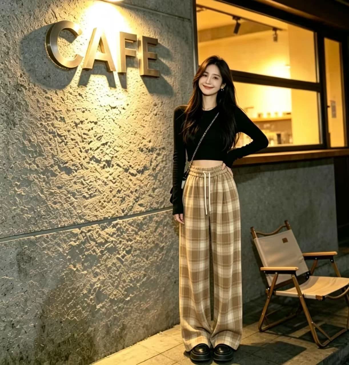 봄 가을 레트로 체크무늬 배색 털 니켈 펌프 로프 캐주얼 바지 여성 한국 스타일 루즈핏 넓은 다리 작은 키 슬림해 보이는 바닥 청소 바지 상세 이미지 20