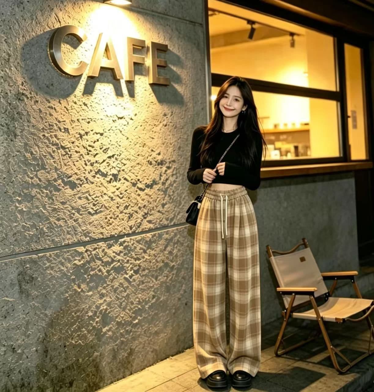 봄 가을 레트로 체크무늬 배색 털 니켈 펌프 로프 캐주얼 바지 여성 한국 스타일 루즈핏 넓은 다리 작은 키 슬림해 보이는 바닥 청소 바지 상세 이미지 21
