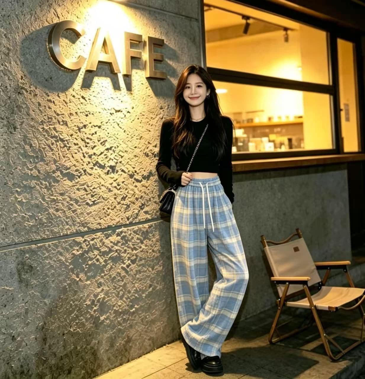 봄 가을 레트로 체크무늬 배색 털 니켈 펌프 로프 캐주얼 바지 여성 한국 스타일 루즈핏 넓은 다리 작은 키 슬림해 보이는 바닥 청소 바지 상세 이미지 22