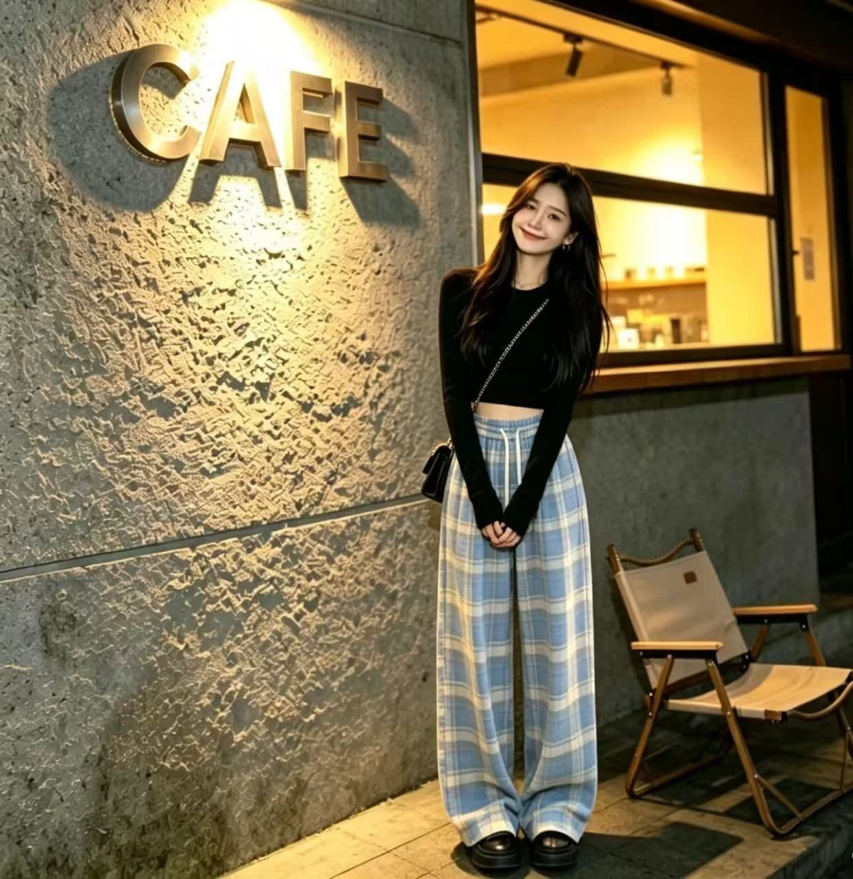 봄 가을 레트로 체크무늬 배색 털 니켈 펌프 로프 캐주얼 바지 여성 한국 스타일 루즈핏 넓은 다리 작은 키 슬림해 보이는 바닥 청소 바지 상세 이미지 23