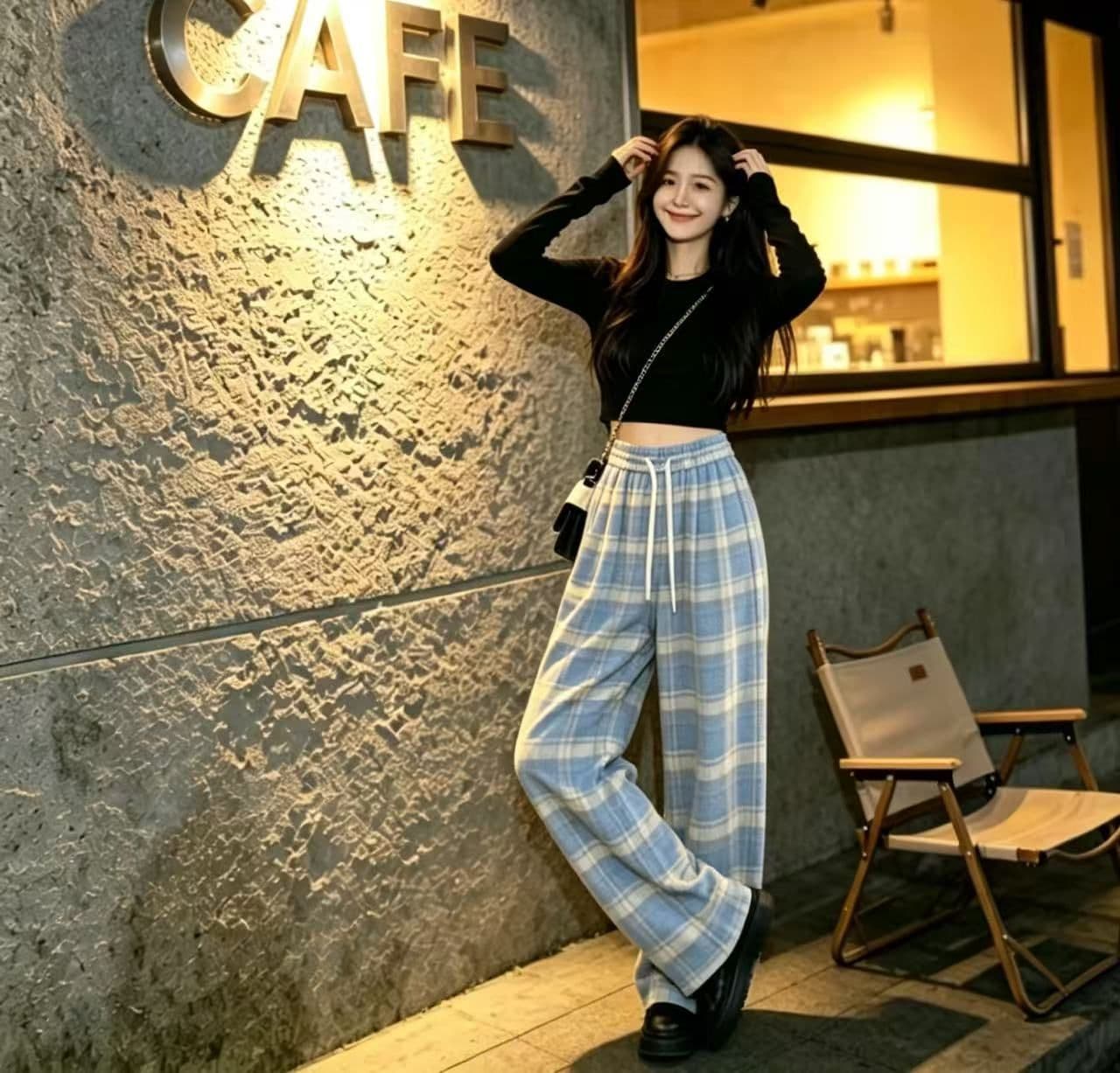 봄 가을 레트로 체크무늬 배색 털 니켈 펌프 로프 캐주얼 바지 여성 한국 스타일 루즈핏 넓은 다리 작은 키 슬림해 보이는 바닥 청소 바지 상세 이미지 24