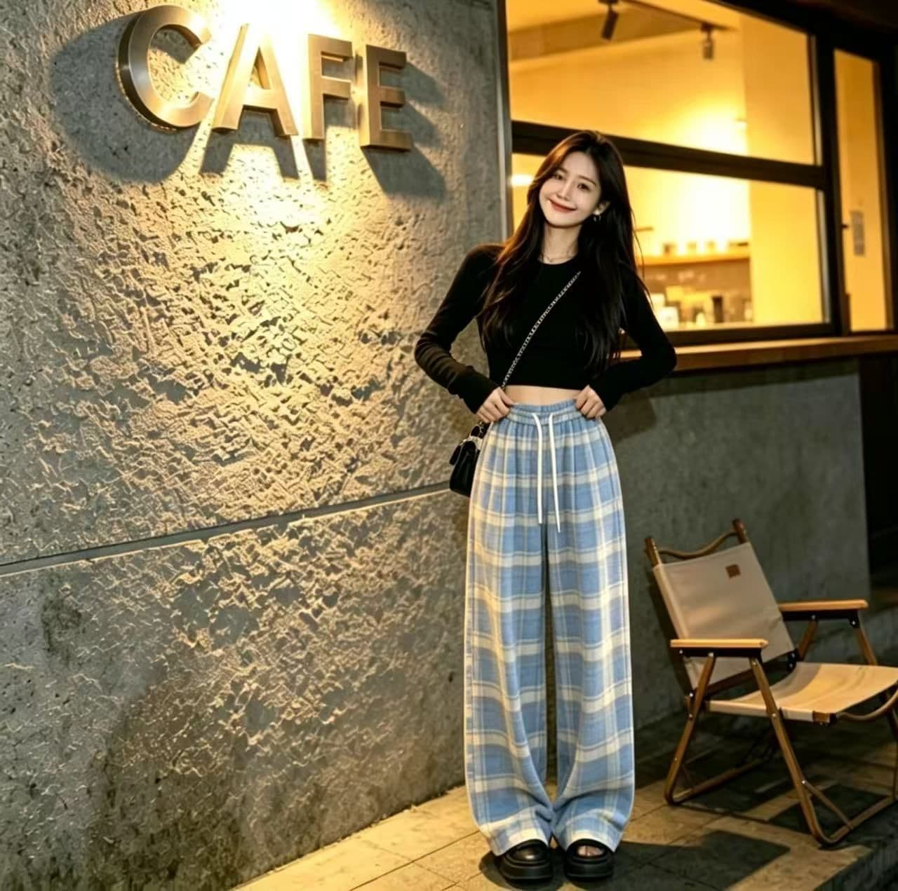 봄 가을 레트로 체크무늬 배색 털 니켈 펌프 로프 캐주얼 바지 여성 한국 스타일 루즈핏 넓은 다리 작은 키 슬림해 보이는 바닥 청소 바지 상세 이미지 25