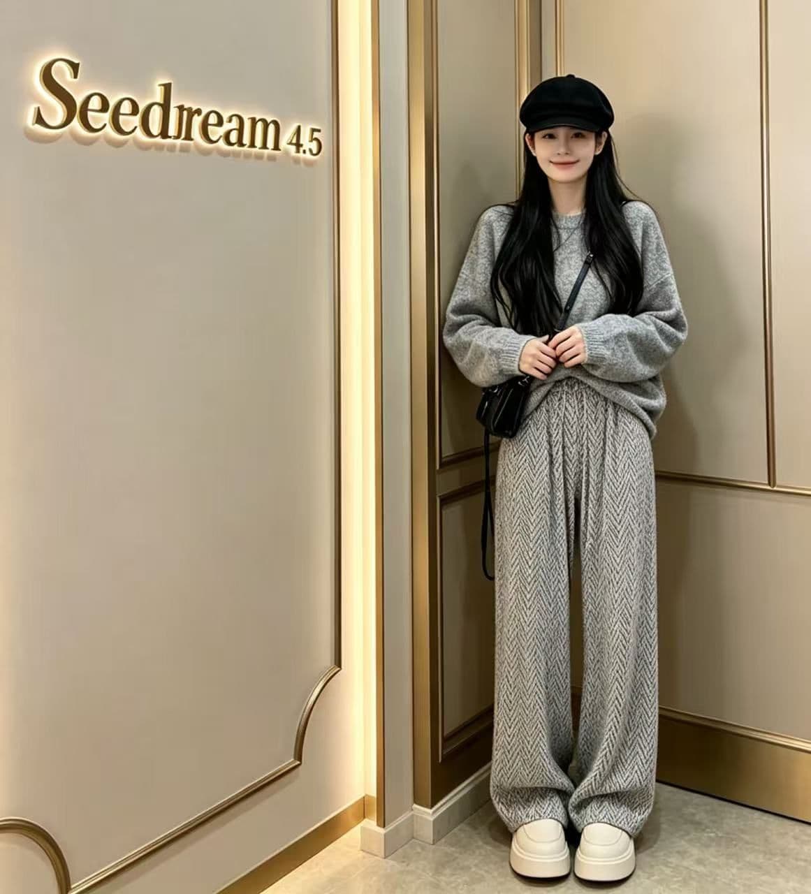 회색 작은 샤넬 스타일 와이드 레깅스 바지 봄 가을 2026 새로운 작은 키 하이웨이스트 슬림해 보이는 캐주얼 느긋한 바람 스트레이트 팬츠 상세 이미지 6