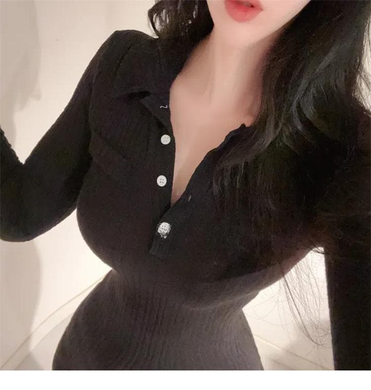 한국 동대문 새로운 품격 몸매 가꾸기 polo 폴로 칼라 타이트 디스플레이 몸 긴팔 타이트 스커트 만나는 점프 슈트 미니 스커트 상세 이미지 14