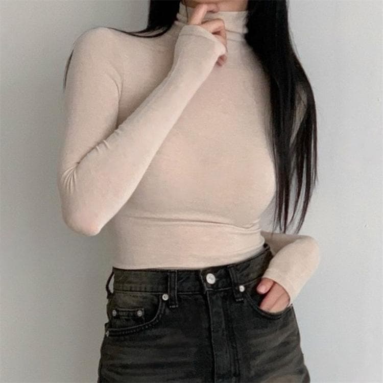 한국 동대문 새로운 품격 터틀넥 몸매 가꾸기 부드러운 찹쌀 프로 피부 양모 기초 섹션 긴팔 기본 셔츠 티셔츠 여성 상세 이미지 2