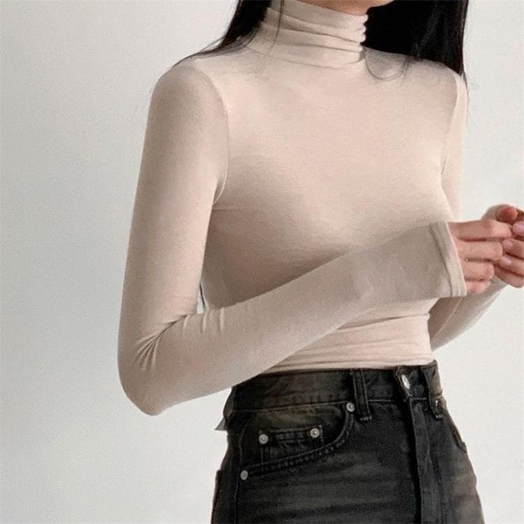 한국 동대문 새로운 품격 터틀넥 몸매 가꾸기 부드러운 찹쌀 프로 피부 양모 기초 섹션 긴팔 기본 셔츠 티셔츠 여성 상세 이미지 3