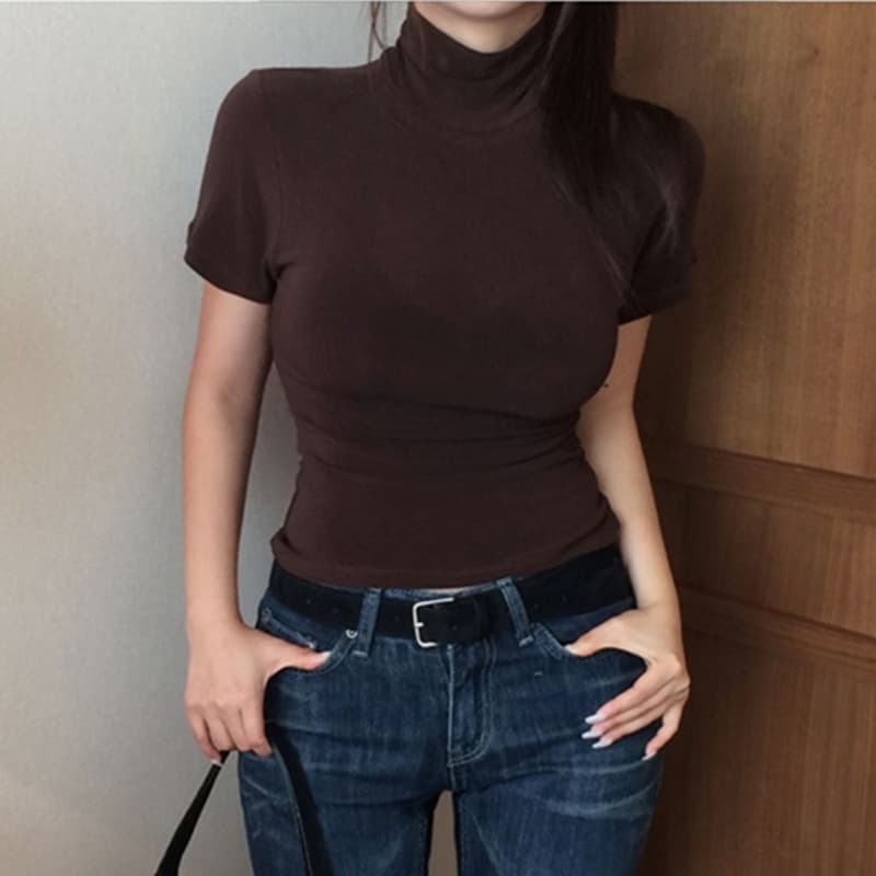 한국 동대문 새로운 품격 순수한 욕망 얇은 스타일 마이크로 ~을 통해 디스플레이 몸 미니멀리즘 터틀넥 반팔 기본 셔츠 티셔츠 여성