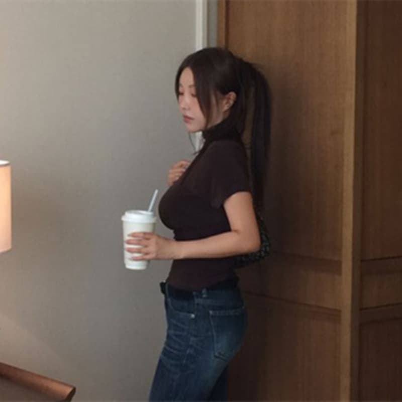한국 동대문 새로운 품격 순수한 욕망 얇은 스타일 마이크로 ~을 통해 디스플레이 몸 미니멀리즘 터틀넥 반팔 기본 셔츠 티셔츠 여성 이미지 3