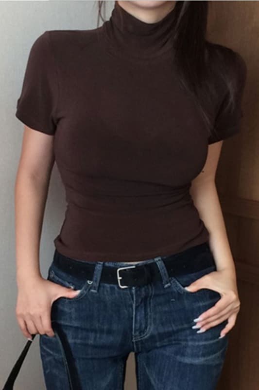 한국 동대문 새로운 품격 순수한 욕망 얇은 스타일 마이크로 ~을 통해 디스플레이 몸 미니멀리즘 터틀넥 반팔 기본 셔츠 티셔츠 여성 이미지 6