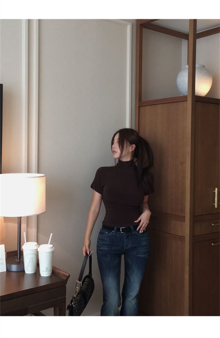 한국 동대문 새로운 품격 순수한 욕망 얇은 스타일 마이크로 ~을 통해 디스플레이 몸 미니멀리즘 터틀넥 반팔 기본 셔츠 티셔츠 여성 상세 이미지 3