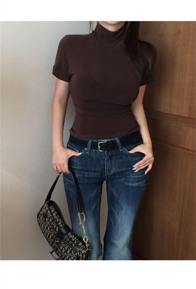 한국 동대문 새로운 품격 순수한 욕망 얇은 스타일 마이크로 ~을 통해 디스플레이 몸 미니멀리즘 터틀넥 반팔 기본 셔츠 티셔츠 여성 상세 이미지 4