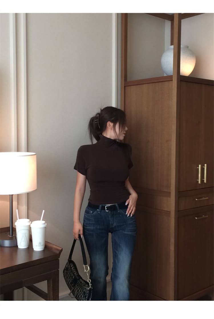 한국 동대문 새로운 품격 순수한 욕망 얇은 스타일 마이크로 ~을 통해 디스플레이 몸 미니멀리즘 터틀넥 반팔 기본 셔츠 티셔츠 여성 상세 이미지 8