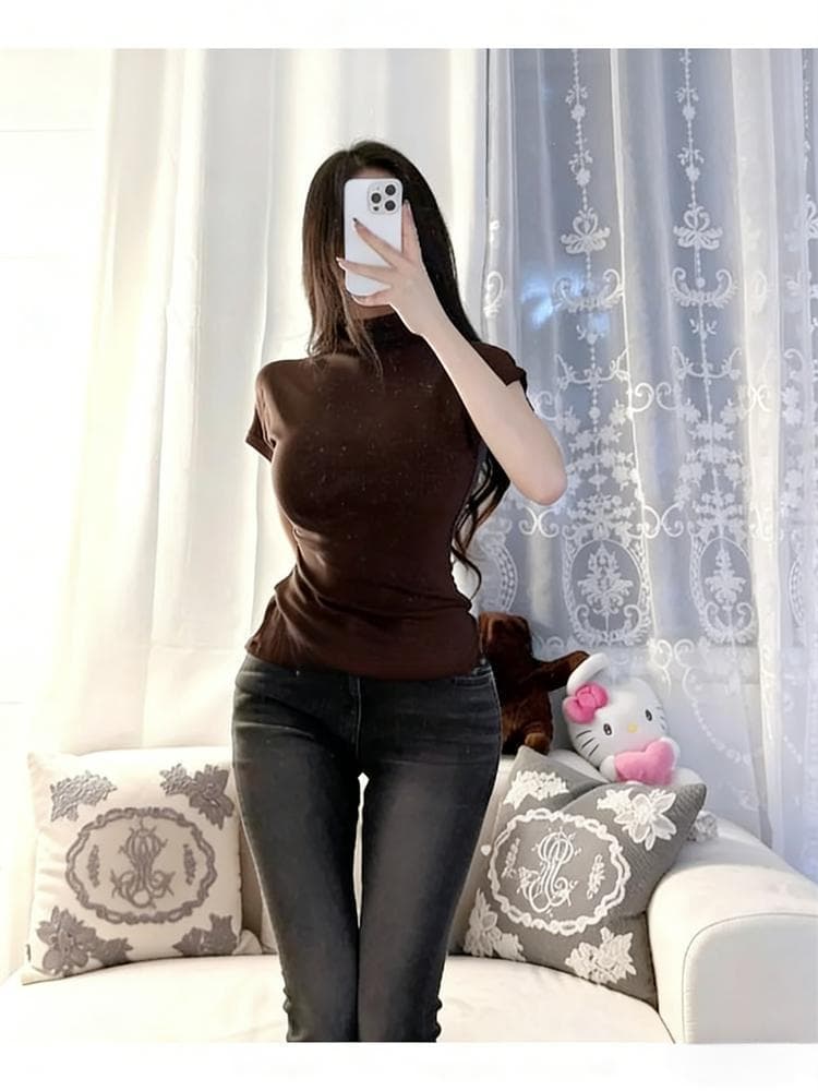 한국 동대문 새로운 품격 순수한 욕망 고급 센스 얇은 스타일 마이크로 ~을 통해 터틀넥 인사이드 가져 가라. 반팔 기본 셔츠 티셔츠 여성 상세 이미지 11