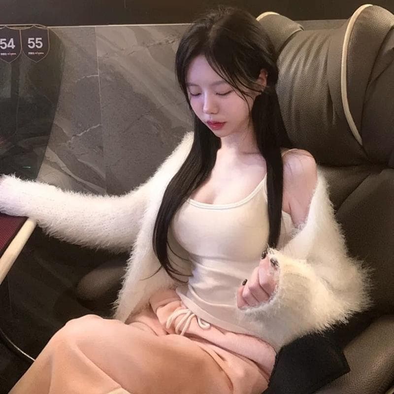한국 동대문 새로운 품격 플리스 플러시 프로 피부 루즈핏 슬림해 보이는 다용도 긴팔 니트 스웨터 재킷 티셔츠 여성 이미지 2