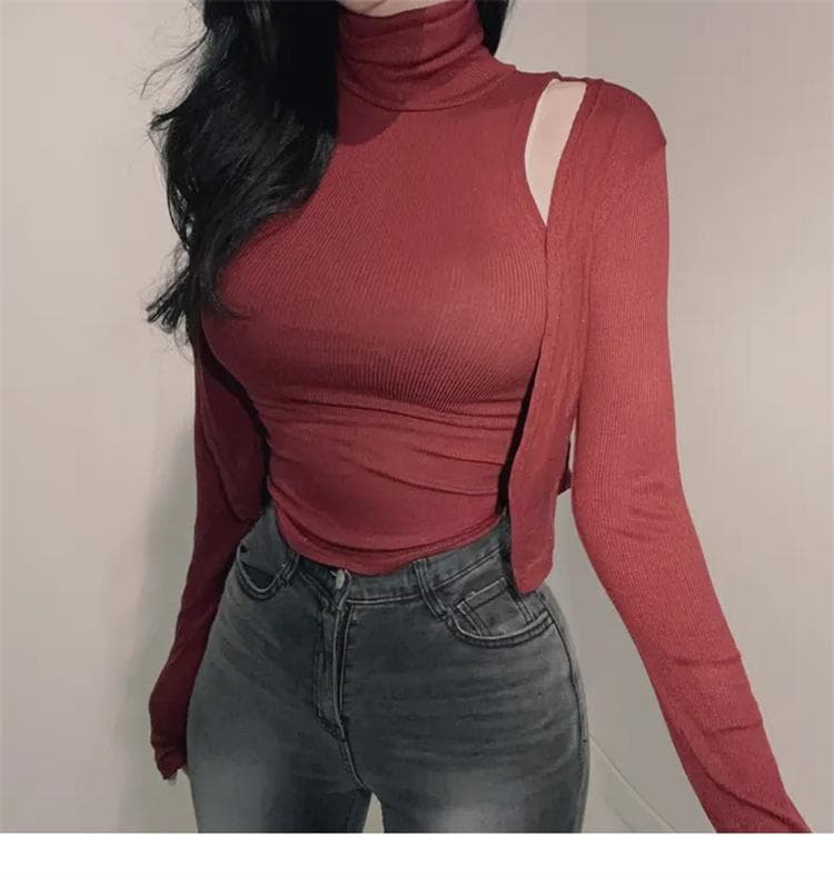 한국 동대문 새로운 품격 몸매 가꾸기 디스플레이 몸 터틀넥 민소매 조끼 티셔츠 긴팔 오픈 가디건 두 조각 여성 세트 상세 이미지 11