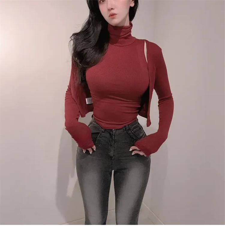한국 동대문 새로운 품격 몸매 가꾸기 디스플레이 몸 터틀넥 민소매 조끼 티셔츠 긴팔 오픈 가디건 두 조각 여성 세트 상세 이미지 13