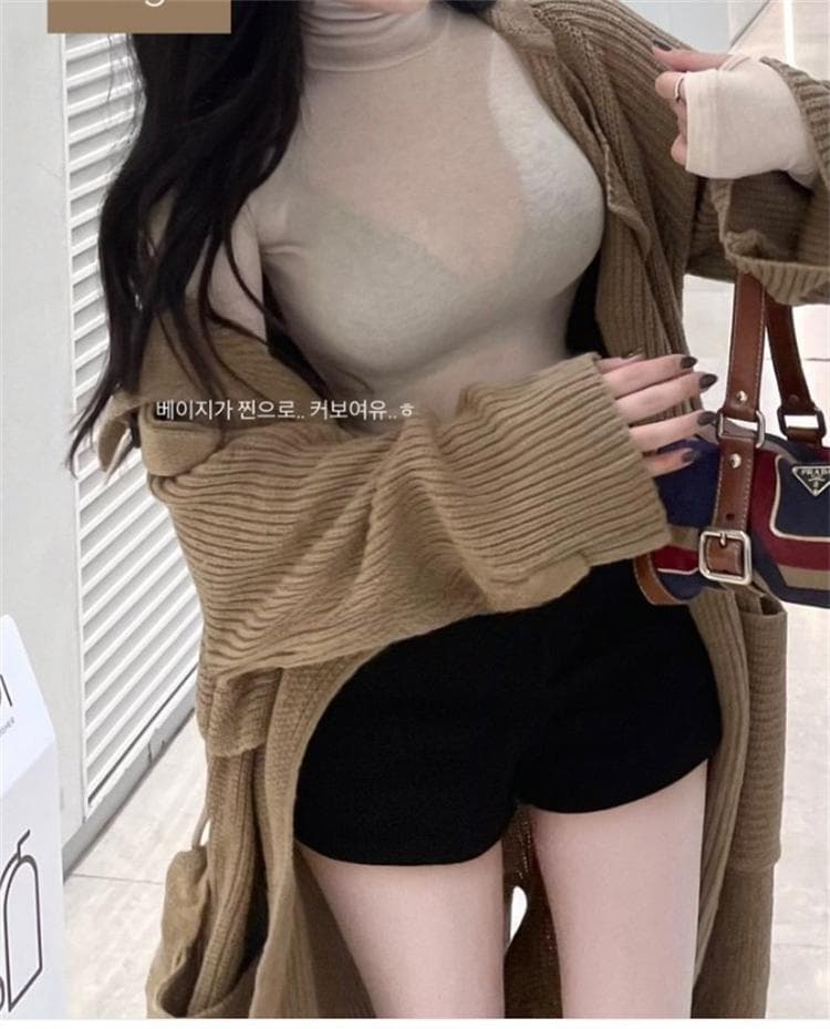한국 동대문 새로운 품격 몸매 가꾸기 얇은 스타일 마이크로 ~을 통해 디스플레이 몸 터틀넥 타이트 세트 수단 긴팔 만나는 티셔츠 상세 이미지 7