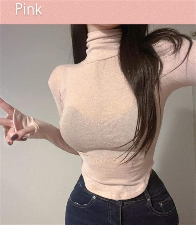 한국 동대문 새로운 품격 몸매 가꾸기 얇은 스타일 마이크로 ~을 통해 디스플레이 몸 터틀넥 타이트 세트 수단 긴팔 만나는 티셔츠 상세 이미지 8