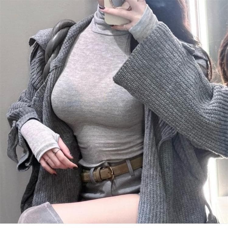 한국 동대문 새로운 품격 몸매 가꾸기 얇은 스타일 마이크로 ~을 통해 디스플레이 몸 터틀넥 타이트 세트 수단 긴팔 만나는 티셔츠 상세 이미지 10