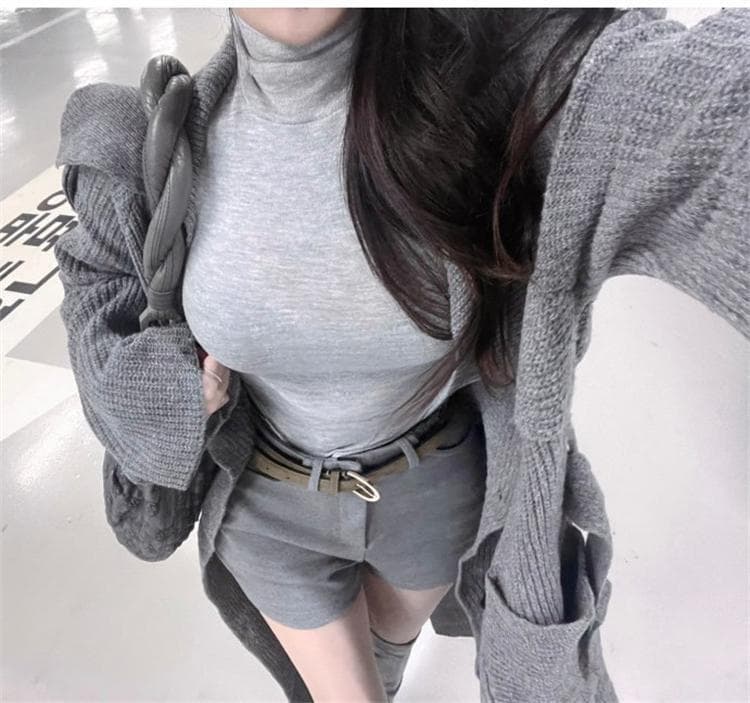 한국 동대문 새로운 품격 몸매 가꾸기 얇은 스타일 마이크로 ~을 통해 디스플레이 몸 터틀넥 타이트 세트 수단 긴팔 만나는 티셔츠 상세 이미지 12