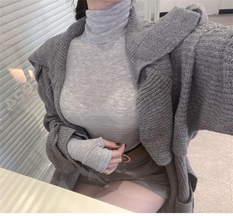 한국 동대문 새로운 품격 몸매 가꾸기 얇은 스타일 마이크로 ~을 통해 디스플레이 몸 터틀넥 타이트 세트 수단 긴팔 만나는 티셔츠 상세 이미지 22