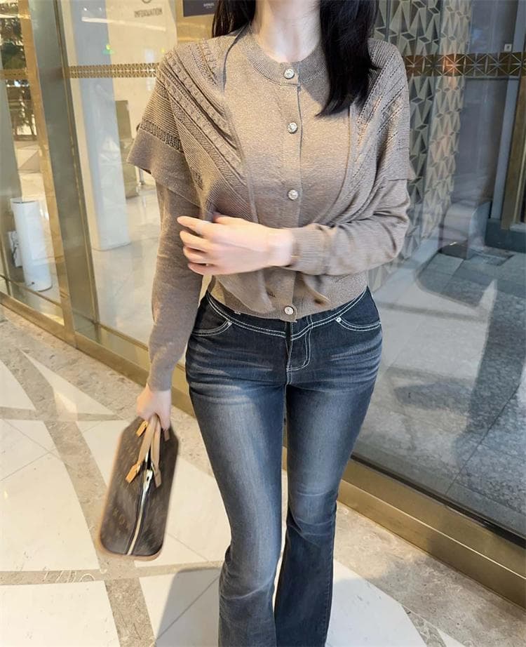 한국 동대문 새로운 품격 명문 여성 무거운 작업 반짝임 다용도 라운드 넥 니트 오픈 가디건 숄 두 조각 여성 세트 상세 이미지 2