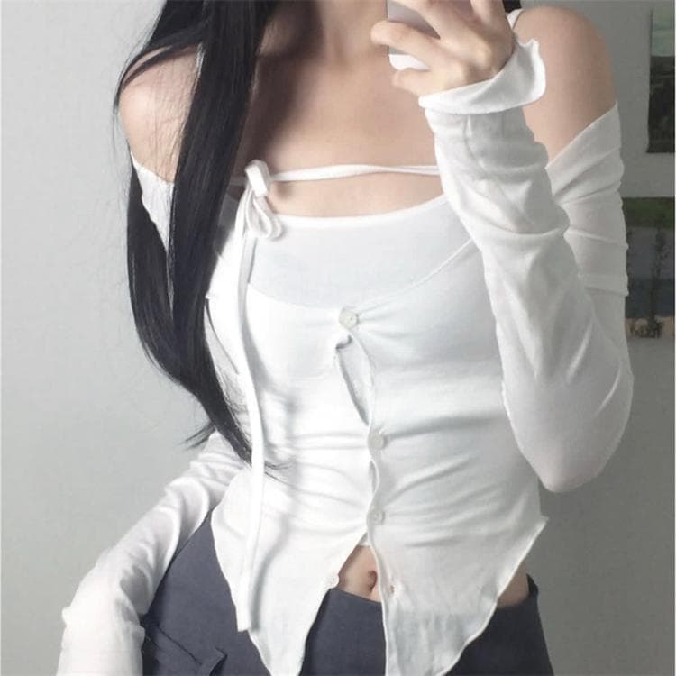 한국 동대문 새로운 품격 몸매 가꾸기 다용도 긴팔 스트랩 티셔츠 디스플레이 몸 캐미솔 두 조각 여성 세트 상세 이미지 1