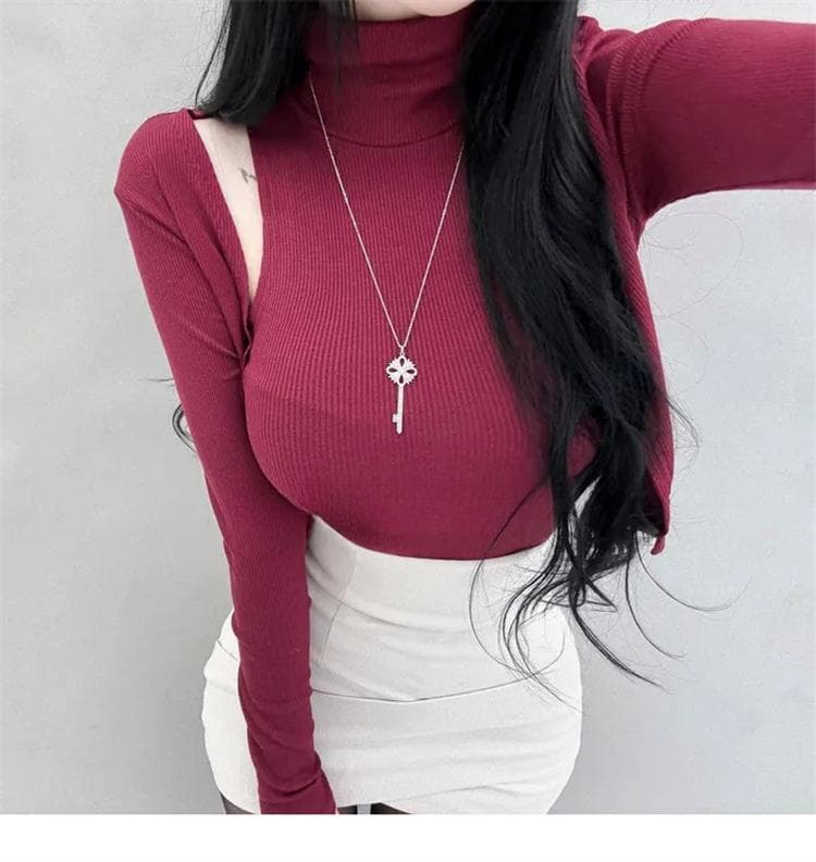 한국 동대문 새로운 품격 리브 터틀넥 디스플레이 몸 민소매 조끼 티셔츠 긴팔 오픈 가디건 두 조각 여성 세트 상세 이미지 10