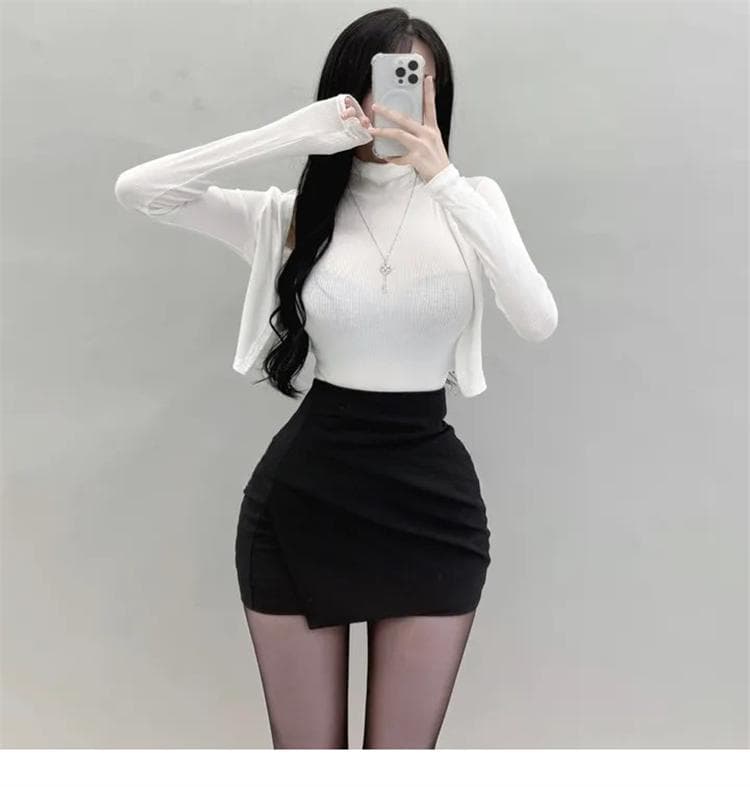 한국 동대문 새로운 품격 리브 터틀넥 디스플레이 몸 민소매 조끼 티셔츠 긴팔 오픈 가디건 두 조각 여성 세트 상세 이미지 14