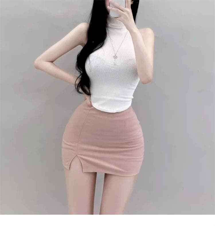 한국 동대문 새로운 품격 리브 터틀넥 디스플레이 몸 민소매 조끼 티셔츠 긴팔 오픈 가디건 두 조각 여성 세트 상세 이미지 17