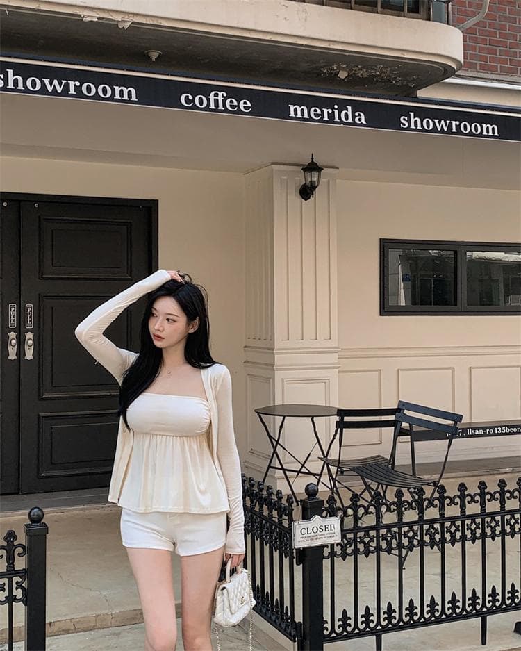 한국 동대문 새로운 품격 부드러운 한 부서 몸매 가꾸기 민소매 벨트 패드 mo 가슴 티셔츠 긴팔 오픈 가디건 투피스 세트 상세 이미지 26