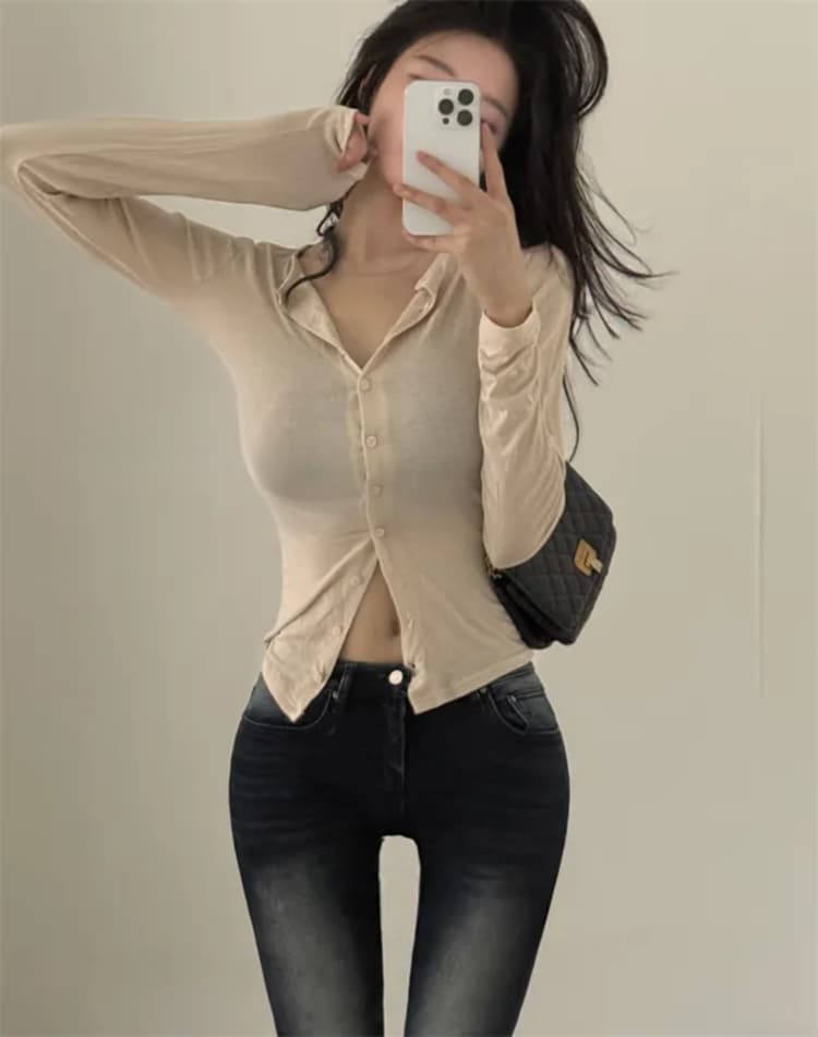한국 동대문 새로운 품격 몸매 가꾸기 라운드 넥 몸매 가꾸기 디스플레이 몸 얇은 스타일 마이크로 ~을 통해 다용도 긴팔 오픈 가디건 티셔츠 상세 이미지 2
