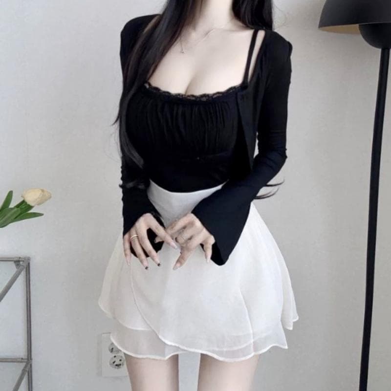 한국 동대문 새로운 품격 순수한 욕망 바람 레이스 측면 패치워크 캐미솔 긴팔 오픈 가디건 두 조각 여성 세트 이미지 5