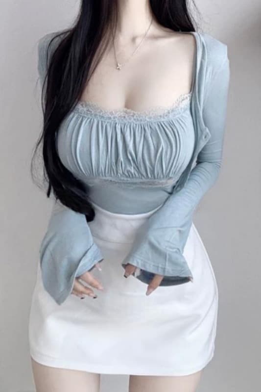 한국 동대문 새로운 품격 순수한 욕망 바람 레이스 측면 패치워크 캐미솔 긴팔 오픈 가디건 두 조각 여성 세트 이미지 6