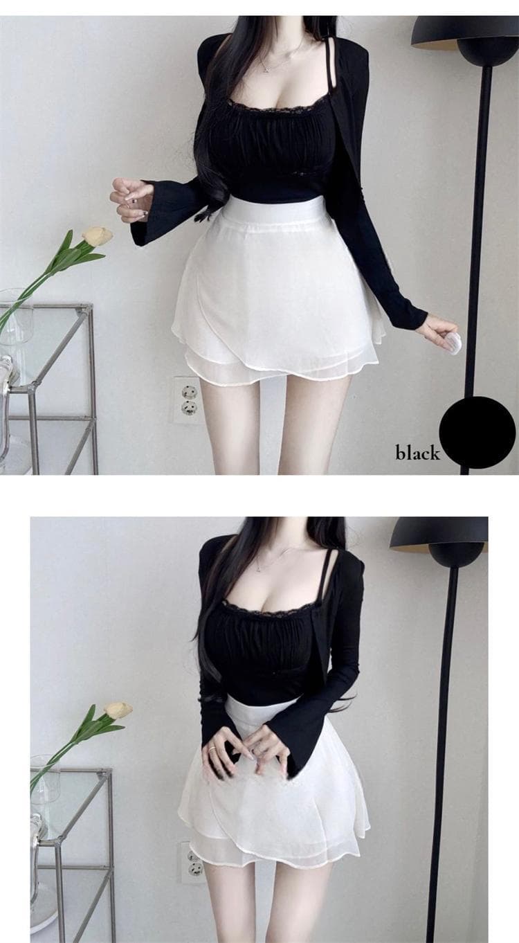 한국 동대문 새로운 품격 순수한 욕망 바람 레이스 측면 패치워크 캐미솔 긴팔 오픈 가디건 두 조각 여성 세트 상세 이미지 6