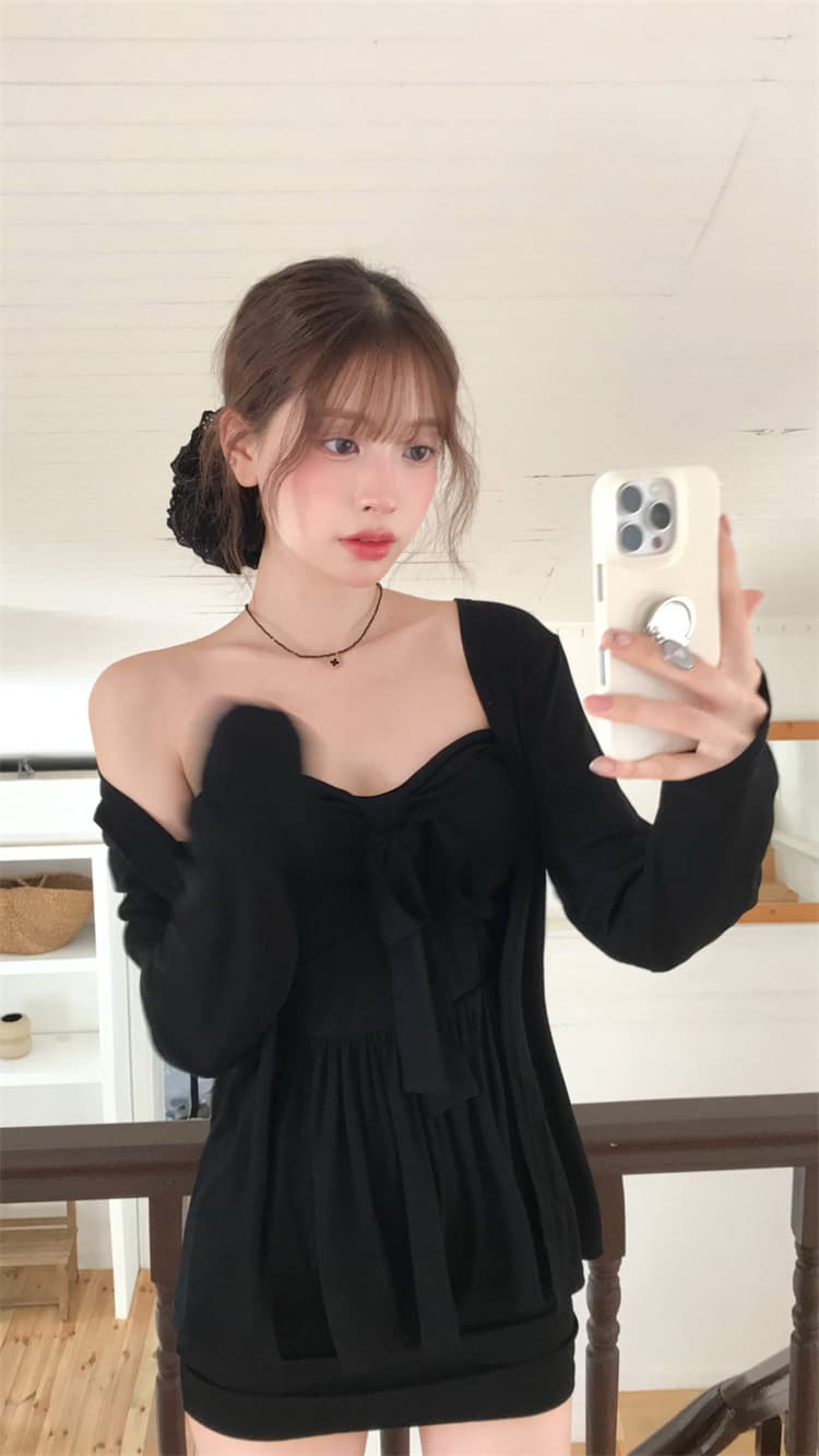 한국 동대문 새로운 품격 순수한 욕망 바람 스트랩 민소매 디스플레이 몸 mo 가슴 티셔츠 긴팔 오픈 가디건 투피스 세트 상세 이미지 9