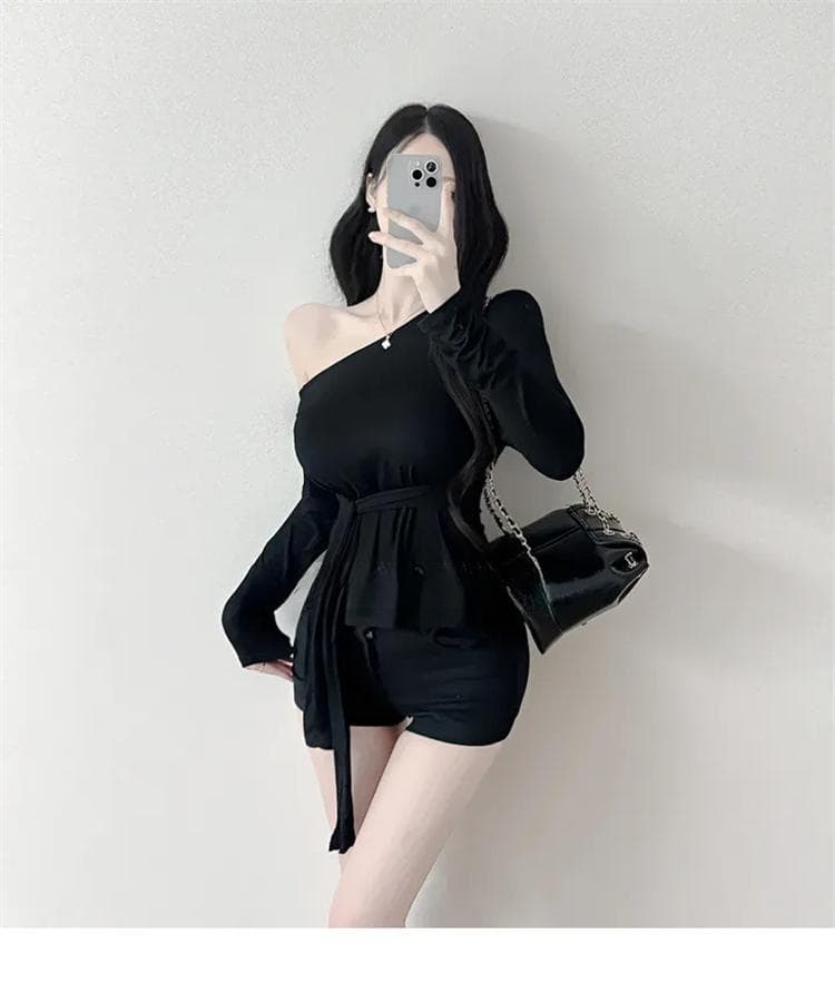 한국 동대문 새로운 품격 몸매 가꾸기 순수한 욕망 바람 디스플레이 몸 비스듬한 오프숄더 스트랩 몸매 가꾸기 긴팔 티셔츠 여성 상세 이미지 12