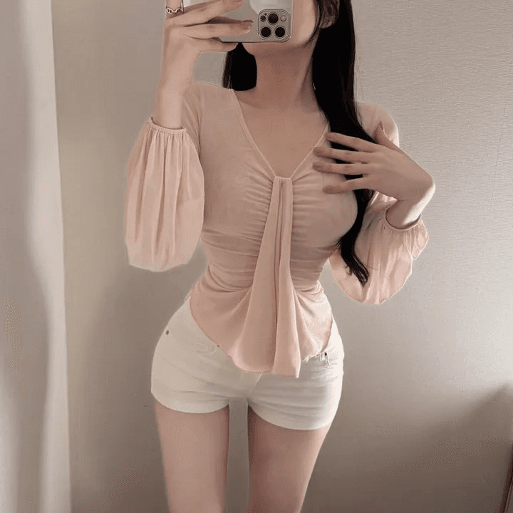 한국 동대문 새로운 품격 몸매 가꾸기 V넥 Chic 디자인 센스 허리 수축 디스플레이 몸 망사 다용도 긴팔 티셔츠 상세 이미지 2