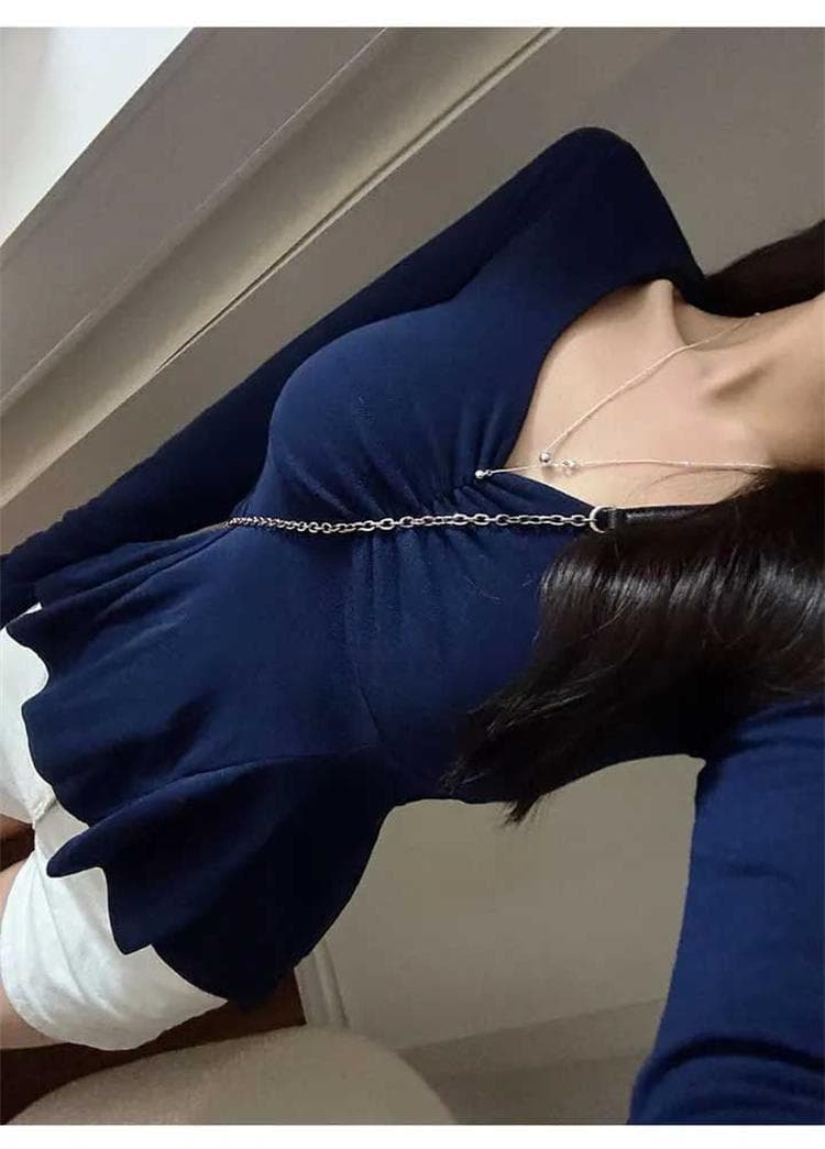 한국 동대문 새로운 품격 순수한 욕망 V넥 허리 수축 프릴 디스플레이 몸 긴팔 다용도 기본 셔츠 티셔츠 상세 이미지 15