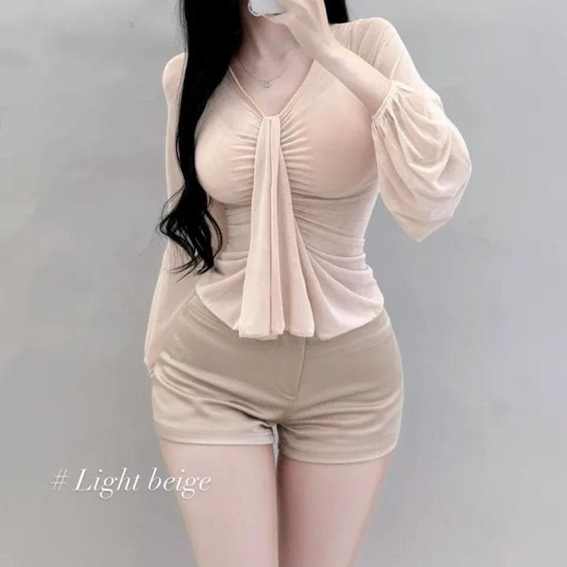 한국 동대문 새로운 품격 순수한 욕망 디자인 센스 거품 소매 디스플레이 몸 다용도 망사 긴팔 티셔츠 여성 이미지 3