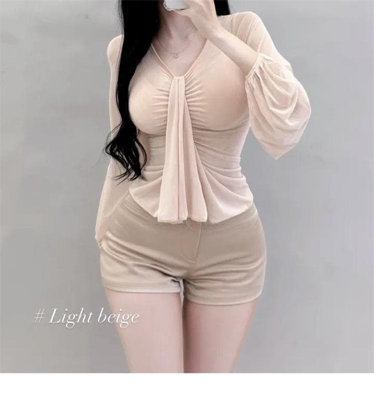 한국 동대문 새로운 품격 순수한 욕망 디자인 센스 거품 소매 디스플레이 몸 다용도 망사 긴팔 티셔츠 여성 상세 이미지 7