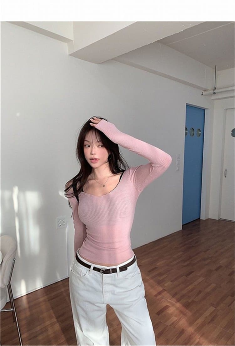 한국 동대문 새로운 품격 몸매 가꾸기 디스플레이 몸 긴팔 얇은 스타일 마이크로 ~을 통해 빅 브이 넥 다용도 기본 셔츠 티셔츠 여성 상세 이미지 2